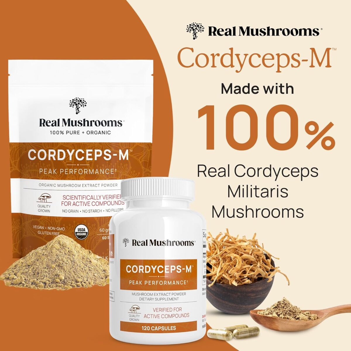 Real Mushrooms Cordyceps Capsules - Performance Mushroom Extract Supplement with Organic Militaris for Energy Immune Support Vegan Supplement, Non-GMO, 120 Caps - Image 2