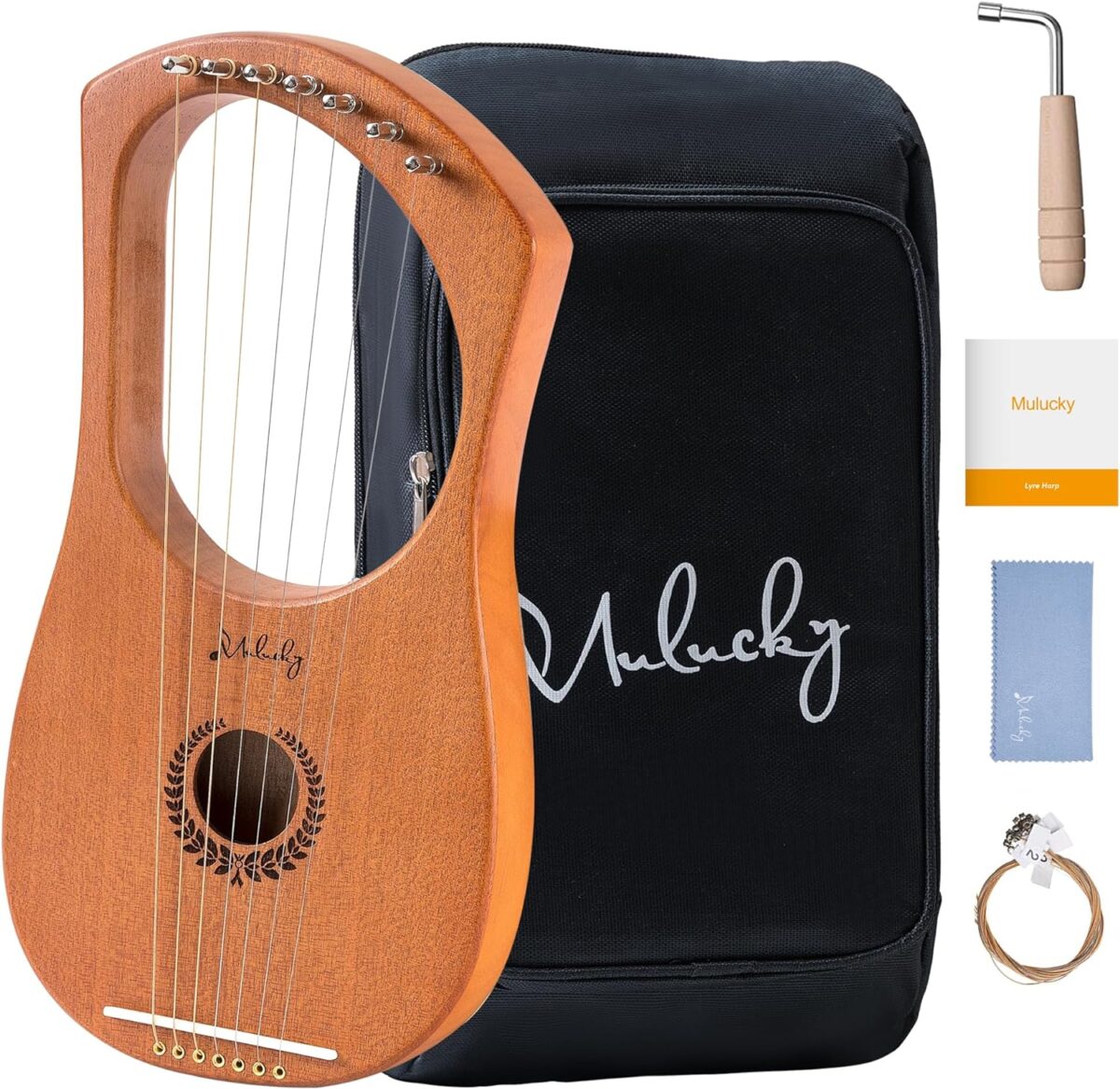 Lyre Harp Mulucky 7 Metal Lyre Steel String Bone Saddle Mahogany Lyre Instrument with Tuning Wrench and Black Gig Bag - MLH701 - Image 1