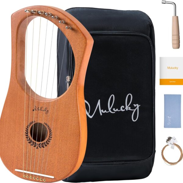 Lyre Harp Mulucky 7 Metal Lyre Steel String Bone Saddle Mahogany Lyre Instrument with Tuning Wrench and Black Gig Bag - MLH701