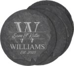 My Personal Memories Custom Engraved Slate Coasters Set of 4 - Monogrammed Coasters for Drinks, Weddings, Couples, Anniversaries - Personalized (Round)