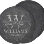 My Personal Memories Custom Engraved Slate Coasters Set of 4 - Monogrammed Coasters for Drinks, Weddings, Couples, Anniversaries - Personalized (Round)