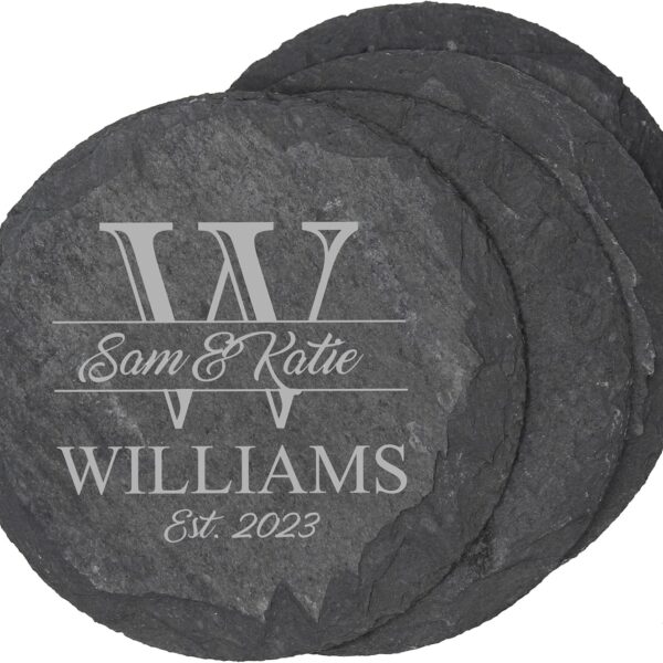 My Personal Memories Custom Engraved Slate Coasters Set of 4 - Monogrammed Coasters for Drinks, Weddings, Couples, Anniversaries - Personalized (Round)