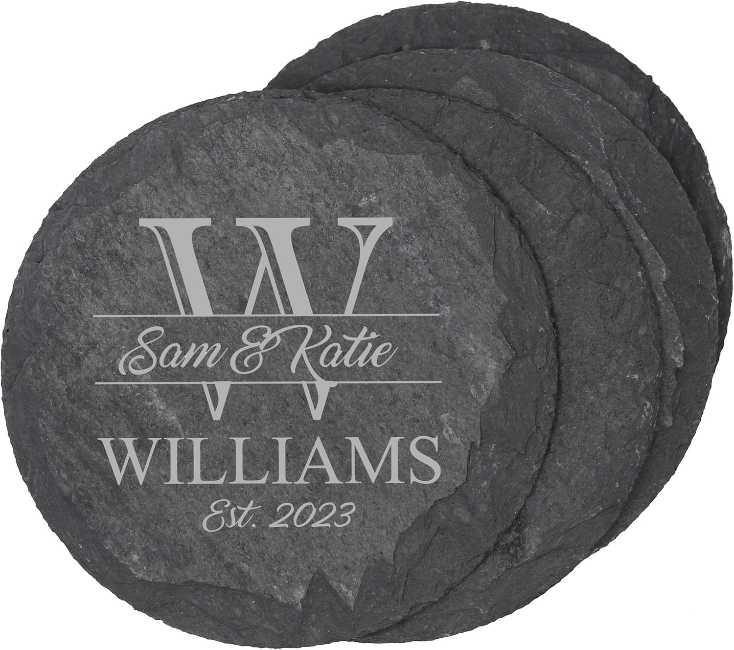 81P5zkwAiiL._AC_SL1500_.jpg My Personal Memories Custom Engraved Slate Coasters Set of 4 - Monogrammed Coasters for Drinks, Weddings, Couples, Anniversaries - Personalized (Round) - Image 1