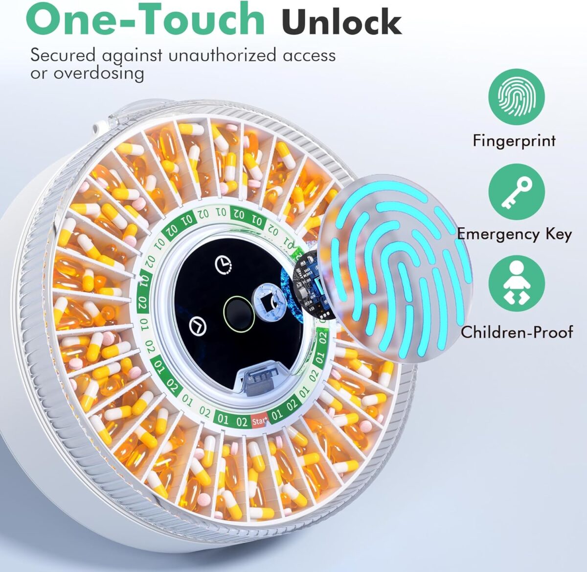 Windtrace Bluetooth Automatic Pill Dispenser for Elderly with Alarm, Smart Pill Dispenser with 31-Slot, Fingerprint& Mechanical Dual Lock Medication Dispenser, Timed Dispenser Machine (Green) - Image 4