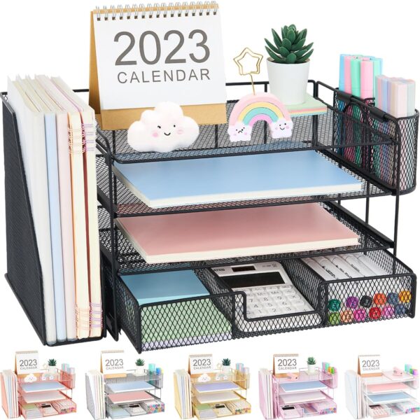 Desk Organizers and Accessories, Desk Accessories & Workspace Organizers for Office Supplies, File Organizer Desk Drawer Organizer with 2 Pen Holders, 4 Tier Paper Organizer for Desk(Black)