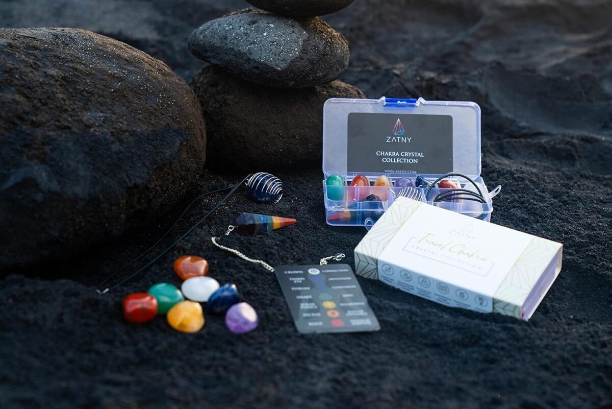Travel Chakra Crystals and Healing Stones Collection - 7 Chakra Set Tumbled Stones, Chakra Pendulum, Interchangeable Cage Necklace, Reference Card, Portable Case, Ebook - Image 3
