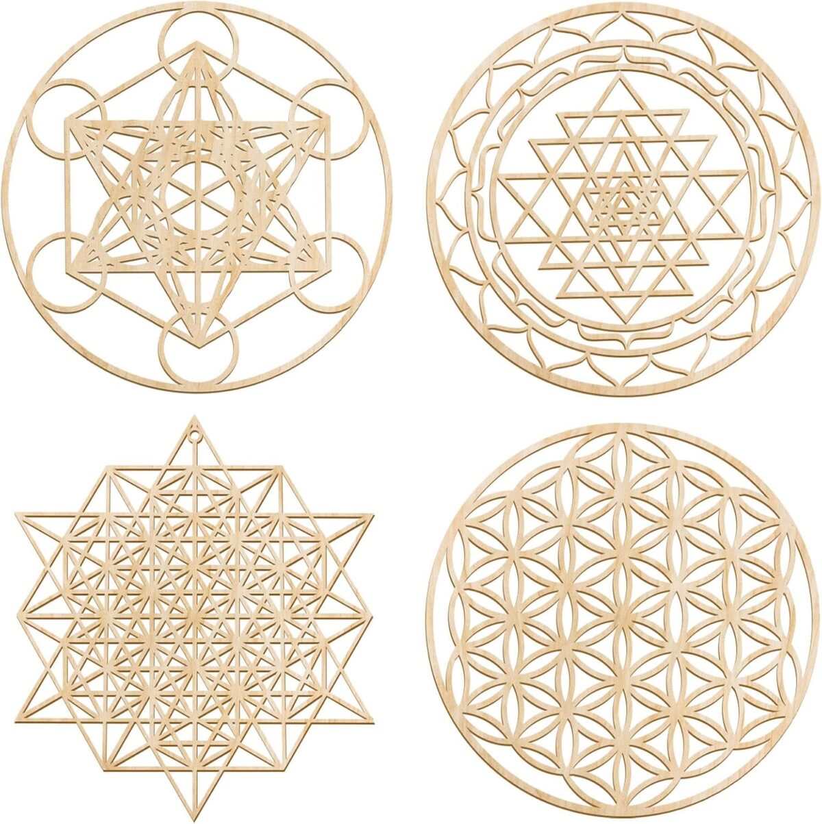 Leinuosen 4 Pcs 12 Inch Crystal Grid Board Sacred Geometric Wall Art Set Metatron Cube, Flower of Life, Sri Yantra, 64 Star Tetrahedron Pagan Decor Home Wall Decor for Room (Wood Color) - Image 1