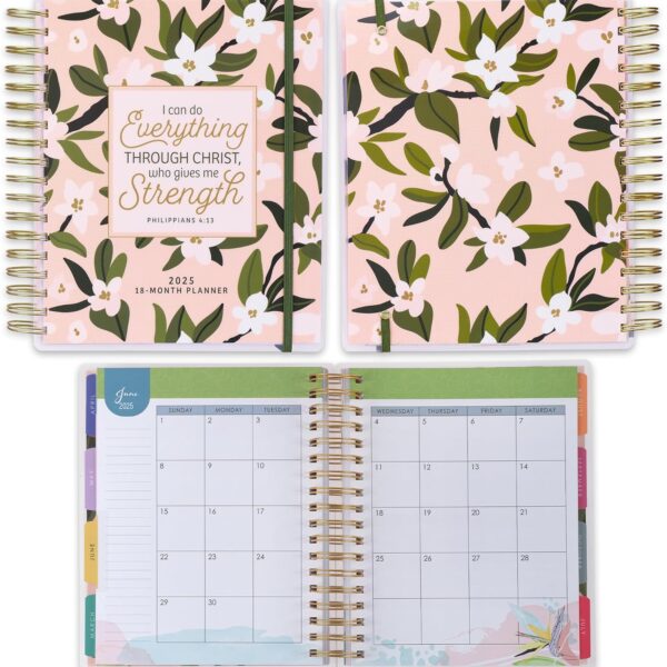 Christian Art Gifts Inspirational 18 Month Wirebound 2025 Planner for Women: Through Christ - Encouraging Bible Verse Personal Week Organizer w/Elastic Closure Aug 2024-Jan 2026, Pink & Green Floral