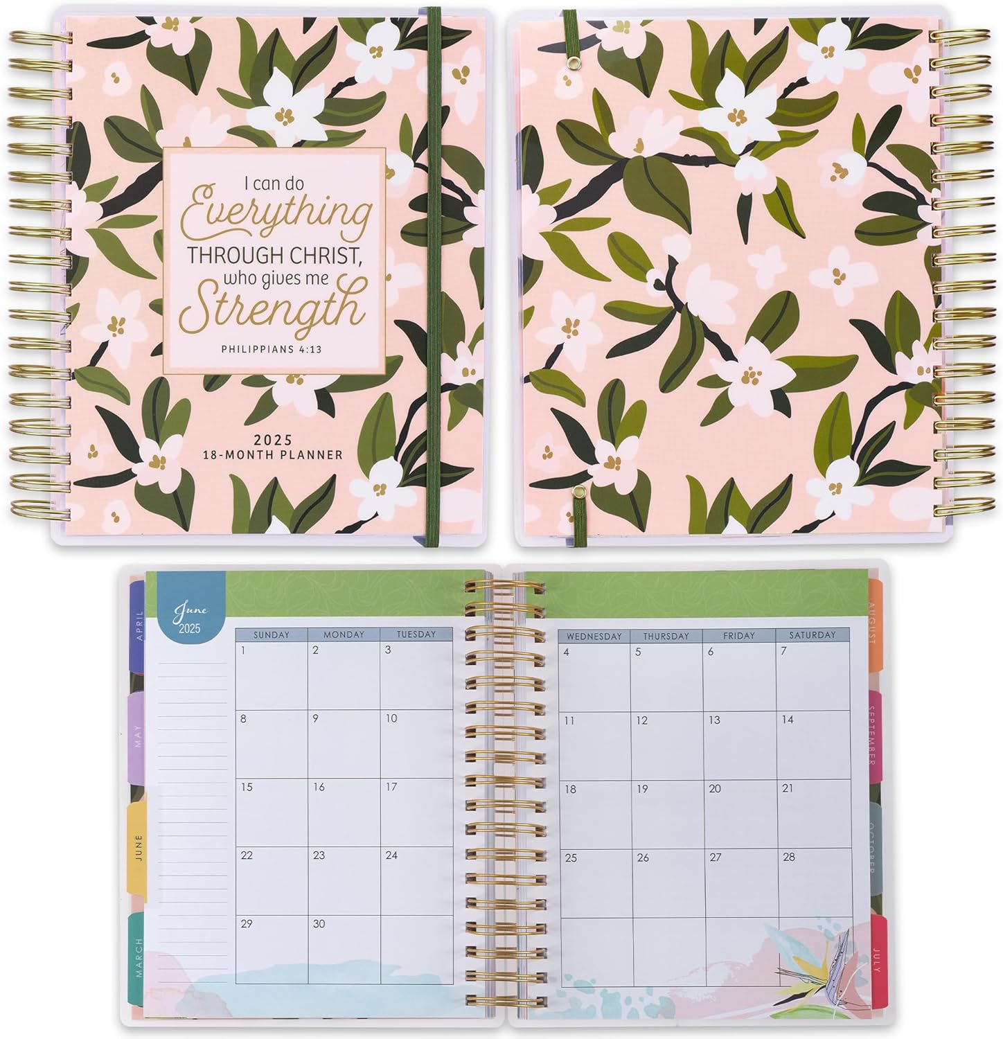 81PoUamTwFL._AC_SL1500_.jpg Christian Art Gifts Inspirational 18 Month Wirebound 2025 Planner for Women: Through Christ - Encouraging Bible Verse Personal Week Organizer w/Elastic Closure Aug 2024-Jan 2026, Pink & Green Floral - Image 1