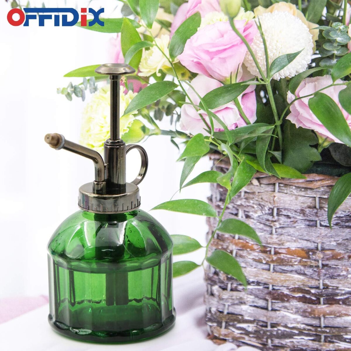 OFFIDIX Glass Plant Mister, 6.3 Inches Tall Vintage Style Spritzer Bronze Plastic Top Pump One Hand Watering Can Indoor Plant Spray Bottle for Garden, Plants, Cleaning (Dark Green) - Image 7
