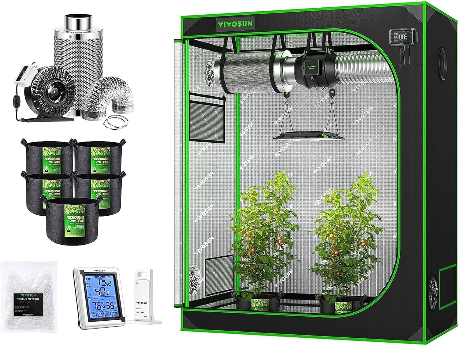 81Q5wTqIWPL._AC_SL1500_.jpg VIVOSUN 4' x 2' Complete Grow Tent Kit - 4 Inch 203 CFM Air Filtration Kit, 4' x 2' Grow Tent, 5-Pack 5 Gallon Grow Bags, 5' x 15' Trellis Netting and Hygrometer - Image 1