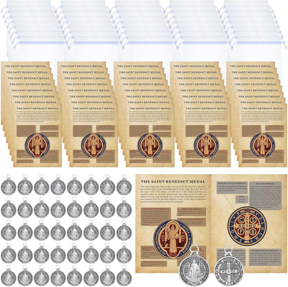 Remuuly 120 Pieces Medals Prayer Card Set, 3/4 Inch Round Silver Oxidized Medals for Necklace Holy Prayer Cards Bags for Catholic Women Men Jewelry Making (St Benedict) - Image 1