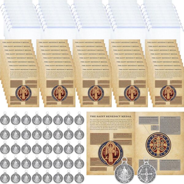 Remuuly 120 Pieces Medals Prayer Card Set, 3/4 Inch Round Silver Oxidized Medals for Necklace Holy Prayer Cards Bags for Catholic Women Men Jewelry Making (St Benedict)