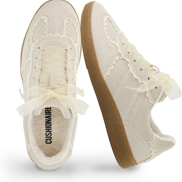 CUSHIONAIRE Belinda Women’s Lace Detail Casual Sneakers – Elegant Ribbon Lace-Up Shoes with Memory Foam