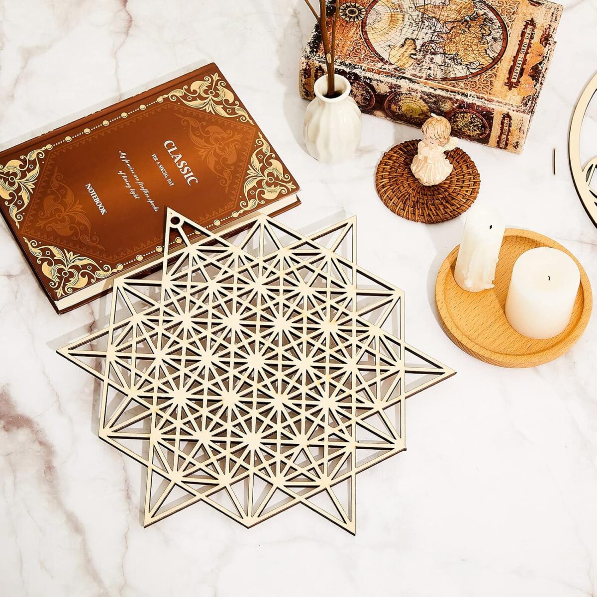 Leinuosen 4 Pcs 12 Inch Crystal Grid Board Sacred Geometric Wall Art Set Metatron Cube, Flower of Life, Sri Yantra, 64 Star Tetrahedron Pagan Decor Home Wall Decor for Room (Wood Color) - Image 3