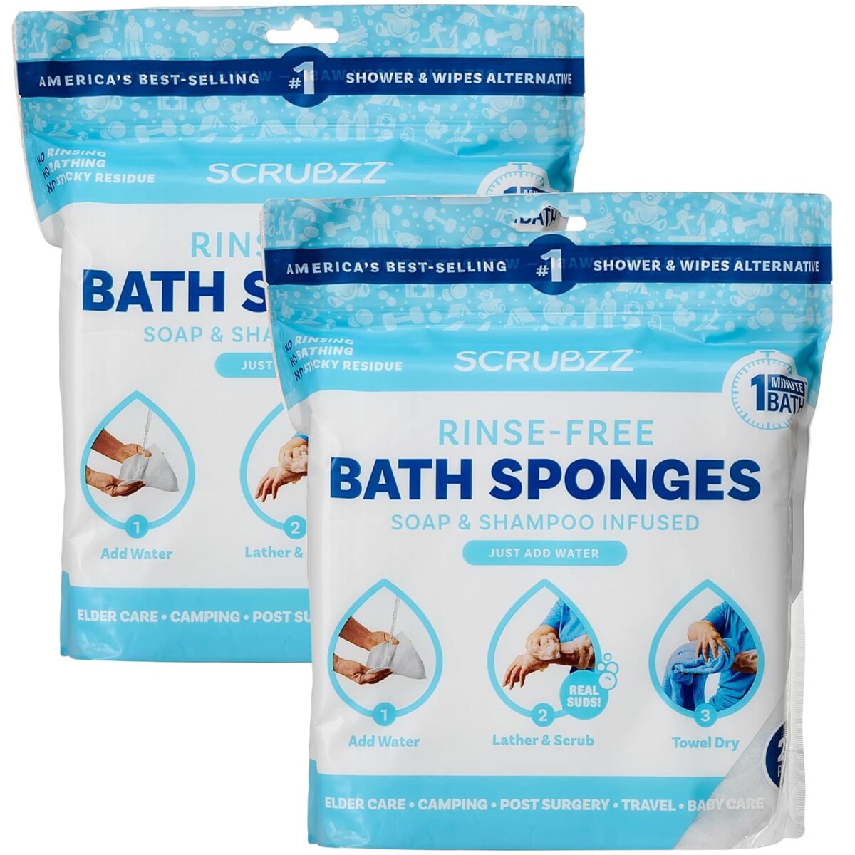 Scrubzz Disposable No Rinse Bathing Wipes - All-in-1 Single Use Shower Wipes, Simply Dampen, Lather, and Dry Without Shampoo or Rinsing (Unscented, 2-Pack) - Image 1