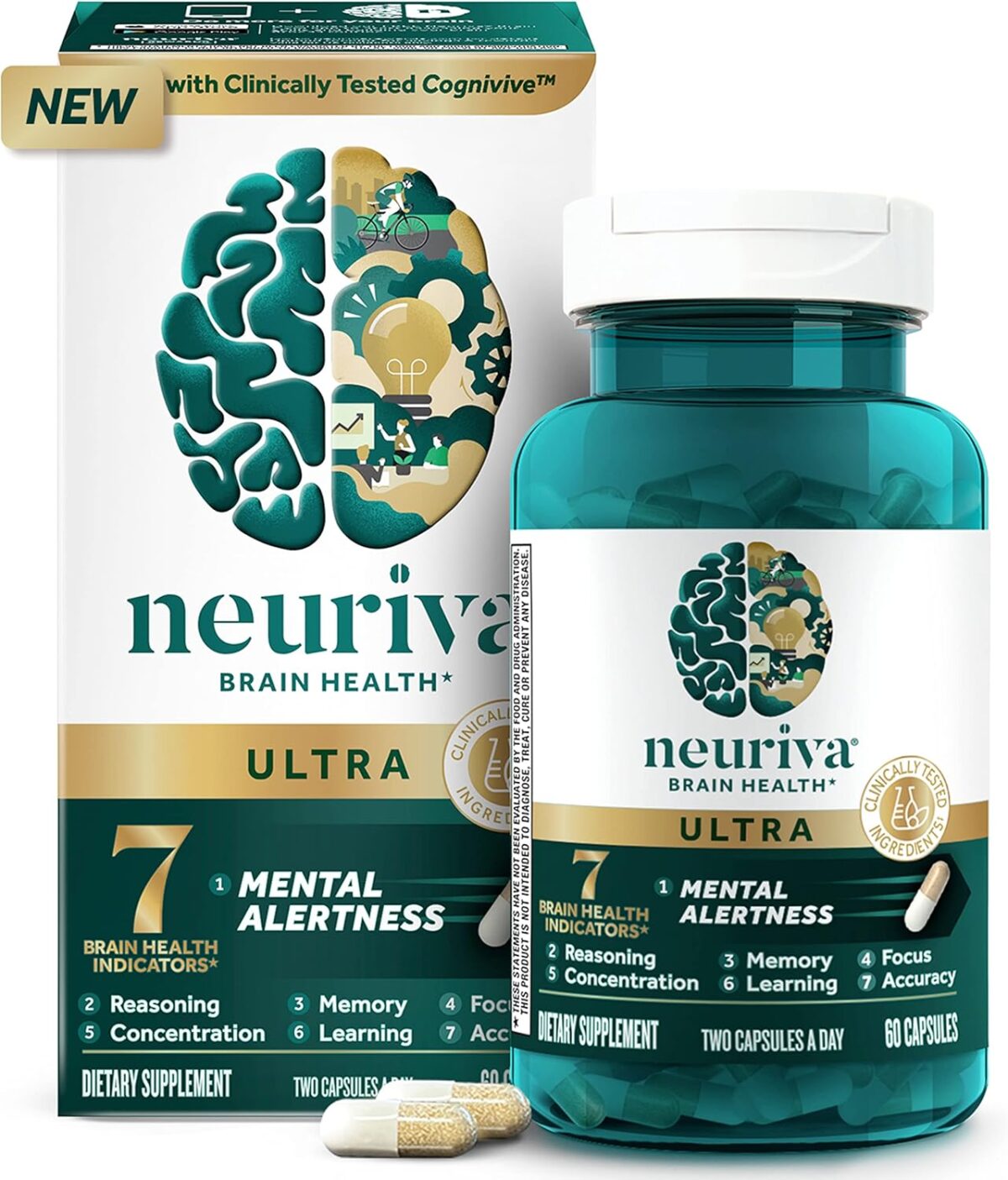 NEURIVA Ultra Decaffeinated Clinically Tested Nootropic Brain Supplement for Mental Alertness, Memory, Focus & Concentration, Cognivive, Neurofactor, Phosphatidylserine, Vitamins B6 B12, 60 Capsules - Image 1