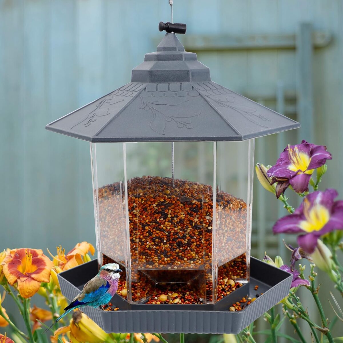 Twinkle Star Wild Bird Feeder Hanging for Garden Yard Outside Decoration, Hexagon Shaped Outside Hanging Bird Feeders for Outdoors Squirrel Proof, Cardinal Bird Feeder (Light Grey) - Image 7