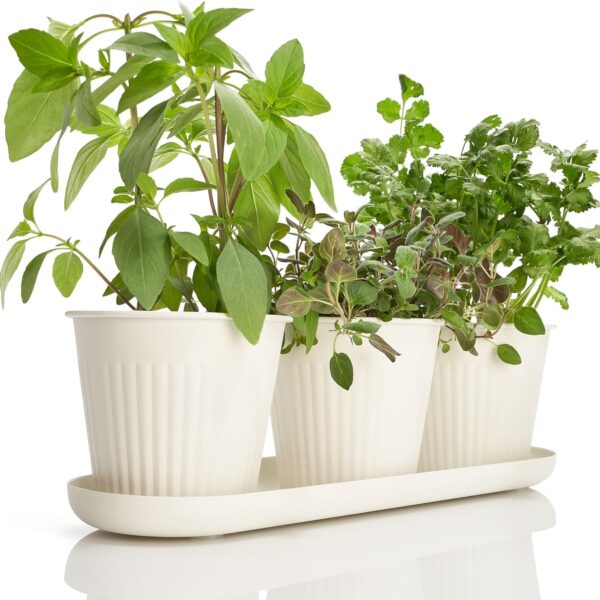 KIBAGA Beautiful Herb Garden Planter Indoor Set of 3 - Perfect for Any Kitchen Window Sill or Countertop - A Modern Decor Gardening Planter Kit Incl. Tray & Drainage Holes to Grow Fresh Herbs at Home