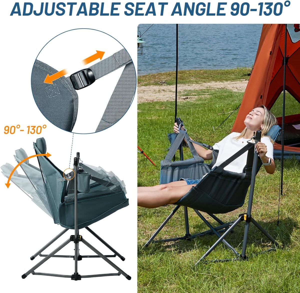 TIMBER RIDGE Hammock Camping Chair with Adjustable Backrest, Heavy Duty Folding Hammock Chair Supports 300lbs, Portable Hammock Chair for Camping, Travelling and Patio, Blue - Image 6