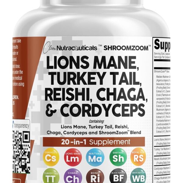 Clean Nutraceuticals Lions Mane 20in1 Mushroom Supplement with Turkey Tail Reishi Cordyceps Chaga Maitake Meshima Poria Cocos Shiitake Oyster Porcini Enoki - Pack