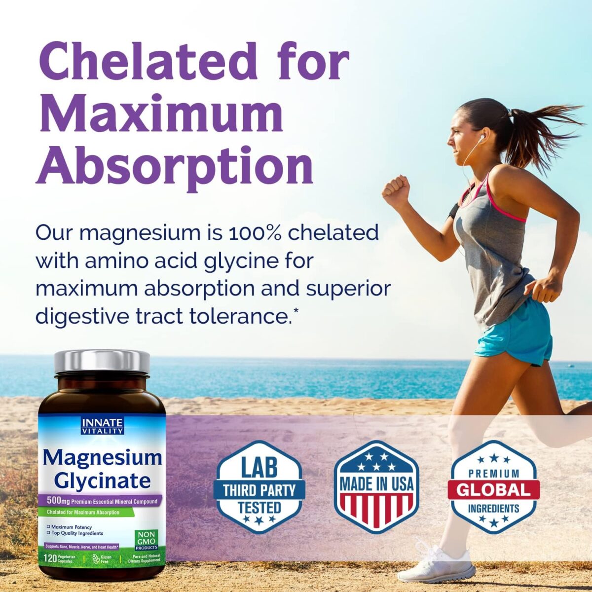 Innate Vitality Magnesium Glycinate 500mg | 70mg Elemental Magnesium Supplement- High Absorption, Non Buffered, Non-GMO & No Gluten - Nerve, Muscle, Bone Health - 120 Vegan Capsules Magnesio - Image 5