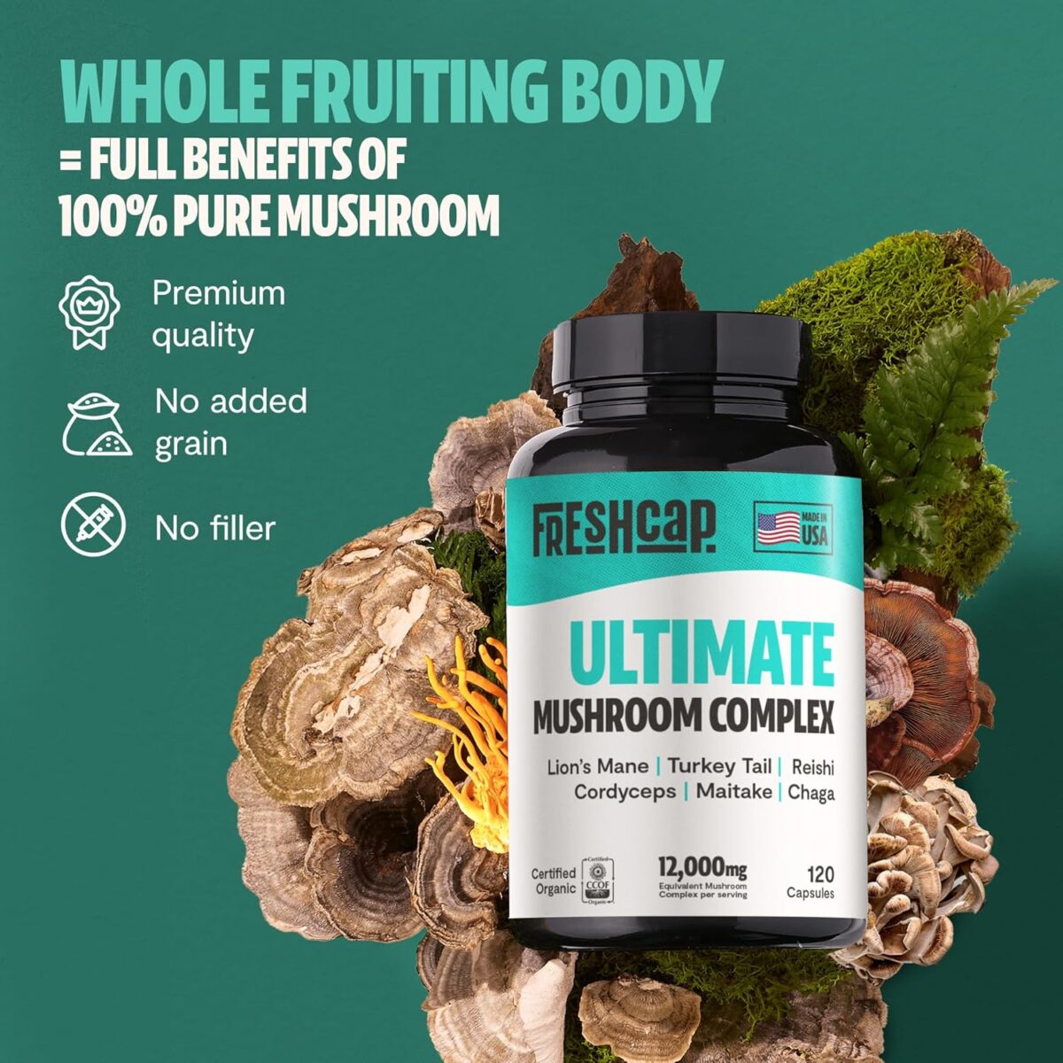 FreshCap Ultimate Mushroom Supplement 12,000mg - Mushroom Complex Capsules, Organic Mushrooms Supplement, Nootropic Brain Supplements for Memory and Focus Ayurveda (120 Capsules) - Image 6