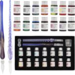 AXEARTE Glass Dip Calligraphy Pen Set, 18-Pieces 14 Color Inks, Pen Holder, Cleaning Cup, 2 Crystal Glass Pens for Art, Writing, Drawing, Signatures, Gift for Kids and Artist