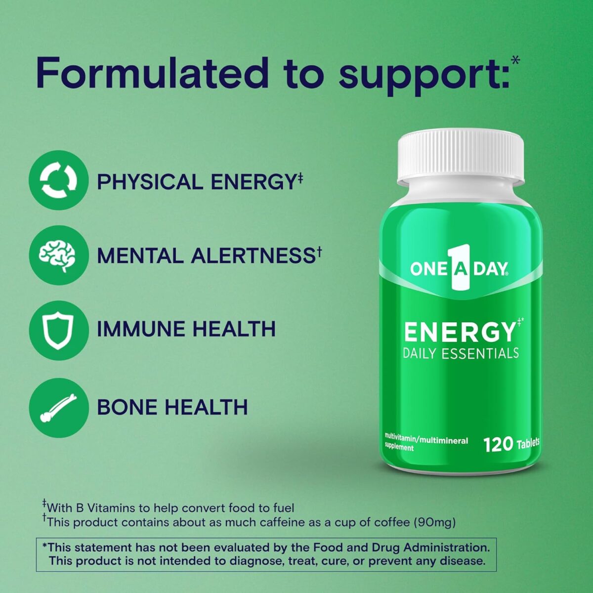 One A Day Energy Daily Essentials Multivitamin, Energy Supplement to Support Mental Alertness and Immune Health with Vitamins A C, D, E, Zinc and Caffeine, 120 Count - Image 3