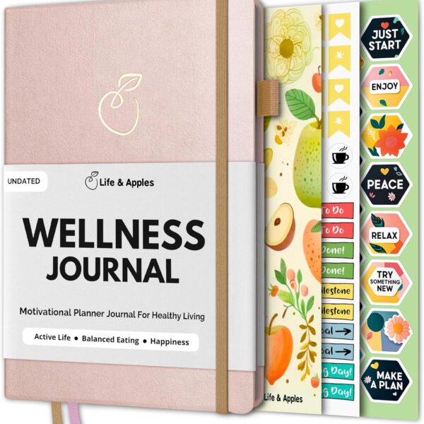Life & Apples Wellness Journal and Planner – Food Journal, Fitness Journal, Weight Loss Journal for Diet Tracking, Food Log and Health Goals, Undated, Size A5 Rose Gold