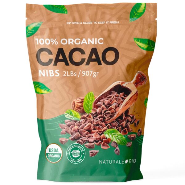 NaturaleBio Organic Raw Cacao Nibs 2 lbs. Natural and Pure. Made in Tropical Regions from The Theobroma Cacao Plant. Source of Magnesium, Potassium, and Iron. Ideal as Sugar-Free Chocolate Chips.