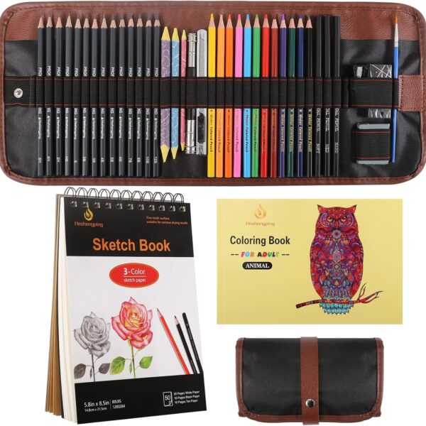 Heshengping, 41pcs Sketching Pencil Set Drawing Sketch Kit Graphite Charcoal Watercolor Pencils Blending Stumps 50page sketchbook, coloring book, Beginners Artist Teens and Adults