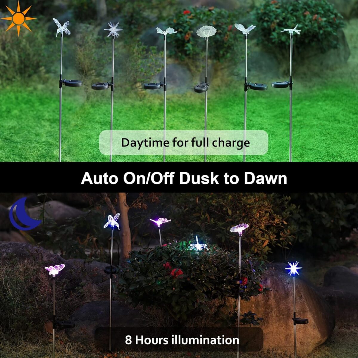 Glintoper 6 Pack Solar Garden Stake Lights Outdoor, Solar Butterfly Figurine Lights, Multi-Color Changing LED Landscape Lighting, Sparkling Star Flower Hummingbird Dragonfly Bee for Patio Yard Pathway - Image 3