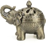 K COOL Metal Backflow Incense Holder Elephant Cone Coil Incense Burner Ash Catcher with Lid, Aromatherapy Ornament Home Office Decoration for Indoor Outdoor (Bronze)
