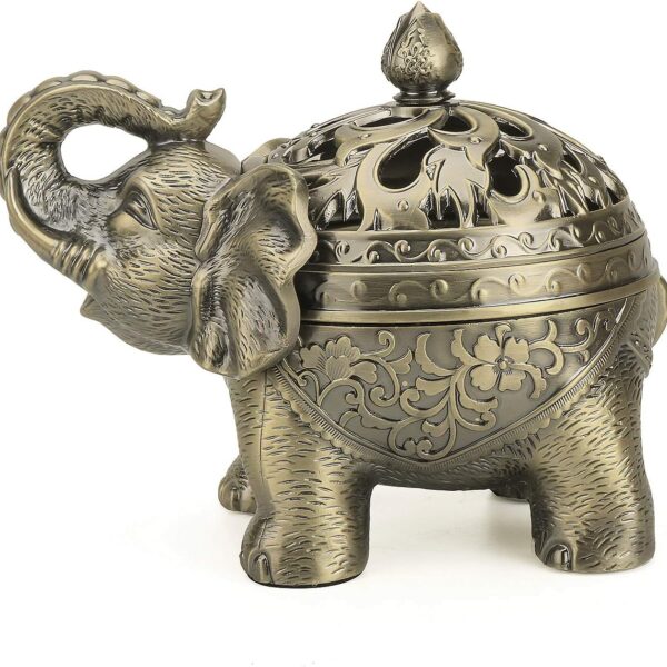 K COOL Metal Backflow Incense Holder Elephant Cone Coil Incense Burner Ash Catcher with Lid, Aromatherapy Ornament Home Office Decoration for Indoor Outdoor (Bronze)