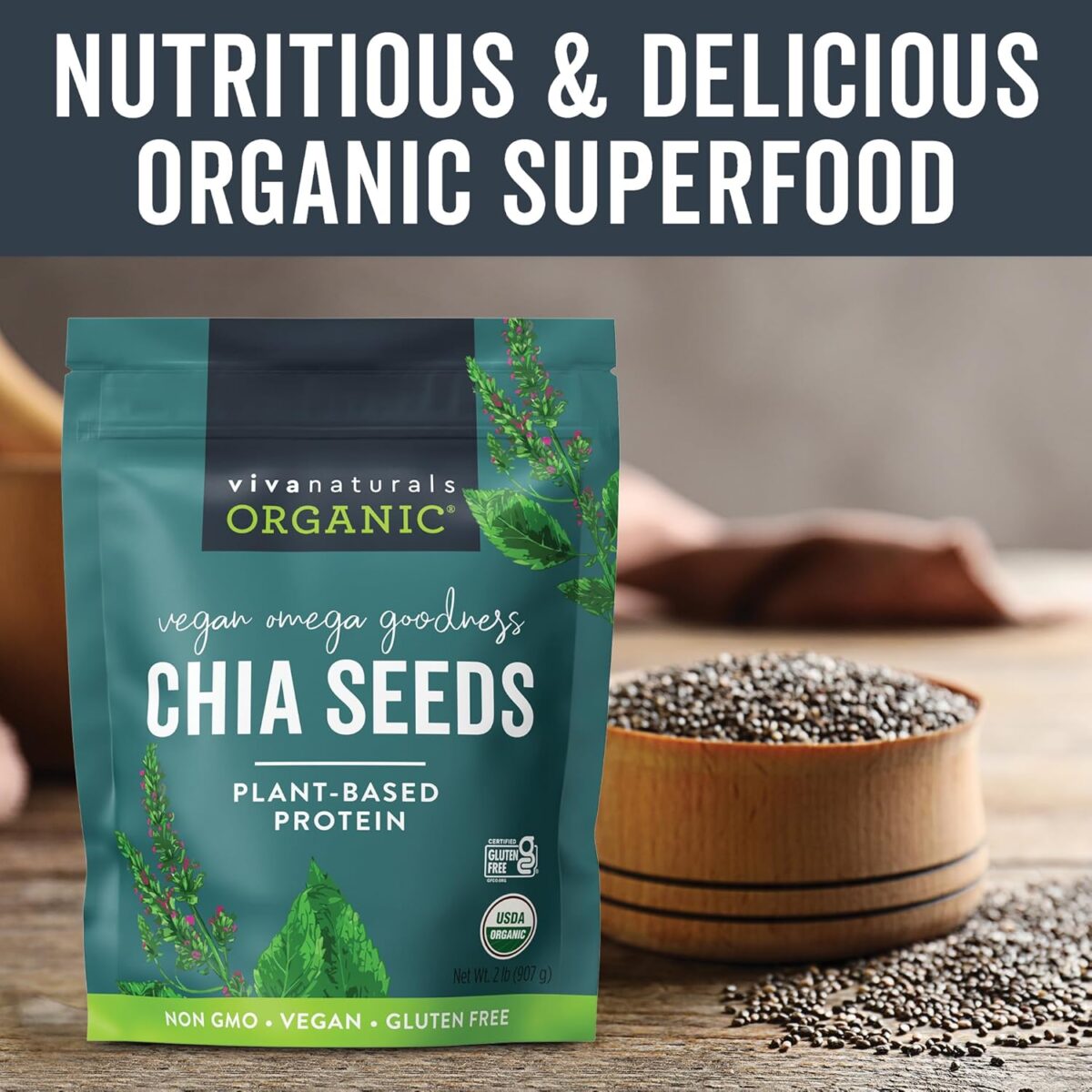 Viva Naturals Organic Chia Seeds 2 LBs - Plant-Based Omega-3 and Vegan Protein, Non-GMO Chia Seeds Organic Perfect for Smoothies, Salads and Chia Seed Pudding, Black Chia Seeds Bulk - Image 2