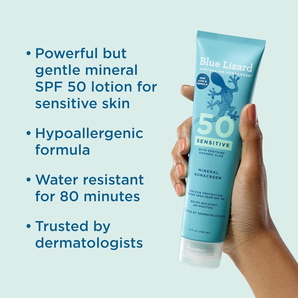 BLUE LIZARD Sensitive Mineral Sunscreen with Zinc Oxide 50+ Water Resistant UVAUVB Protection with Smart Cap Technology Fragrance Free, Sensitve, SPF 50 - - Tube, Unscented, 5 Fl Oz - Image 2