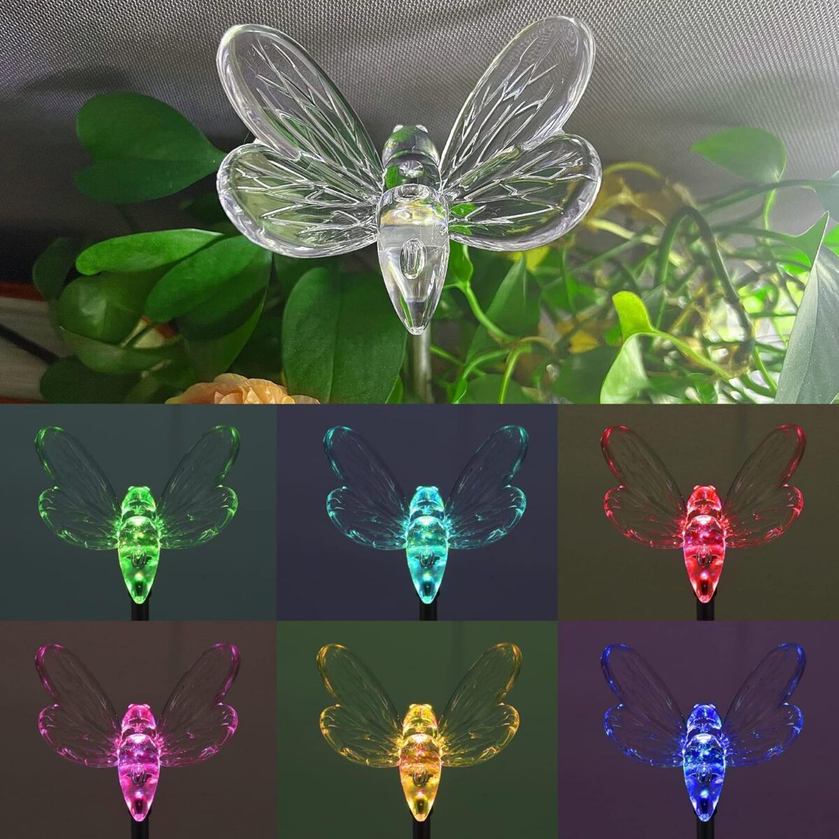 Glintoper 6 Pack Solar Garden Stake Lights Outdoor, Solar Butterfly Figurine Lights, Multi-Color Changing LED Landscape Lighting, Sparkling Star Flower Hummingbird Dragonfly Bee for Patio Yard Pathway - Image 8