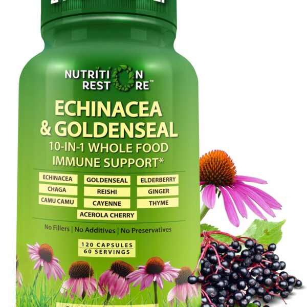 Echinacea Goldenseal Capsules - 10 in 1 Immune Support Supplement - 1455mg - Vegan Echinacea Capsules Supplement Made With Organic Whole Foods - Herbal Immune System Support - 2 Month Supply