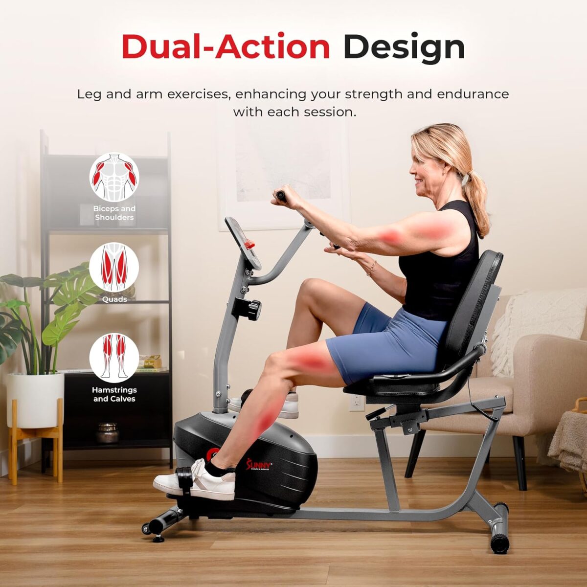 Sunny Health & Fitness Smart Indoor Recumbent Bike Trainer, Home Full Body Workout & Cardio Cycling Machine for Seniors, Free SunnyFit Bluetooth Connect, Optional Arm Exerciser Hand Cycle & Bands - Image 2