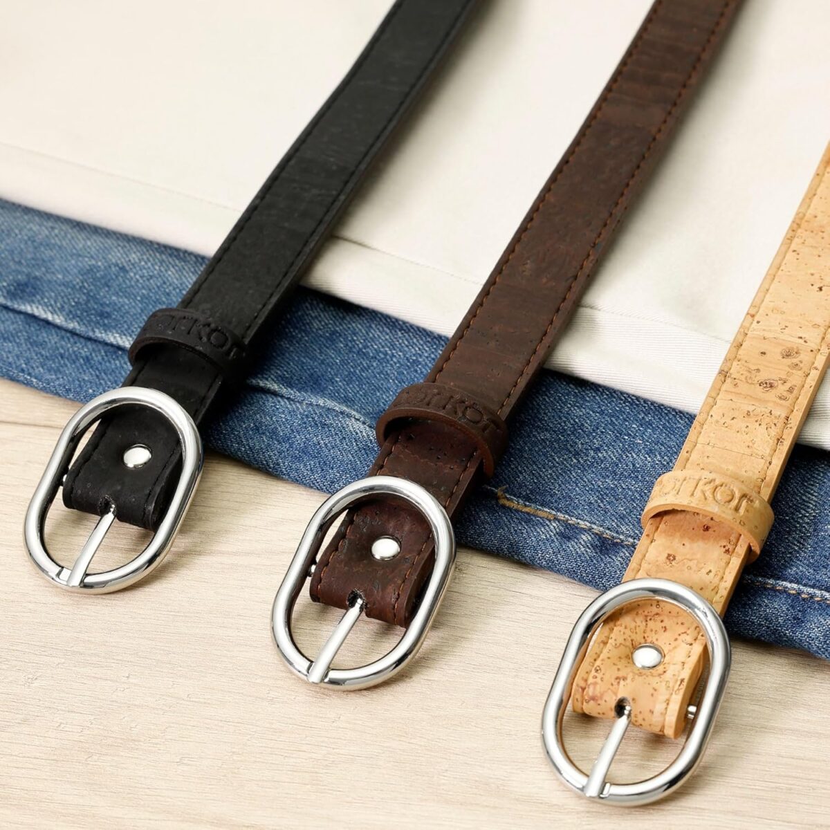 Women Cork Belt – Vegan Leather Dress for Jeans Thin Belt – Cruelty Free-Eco Friendly Brown Black - 0,98" Wide - Image 7