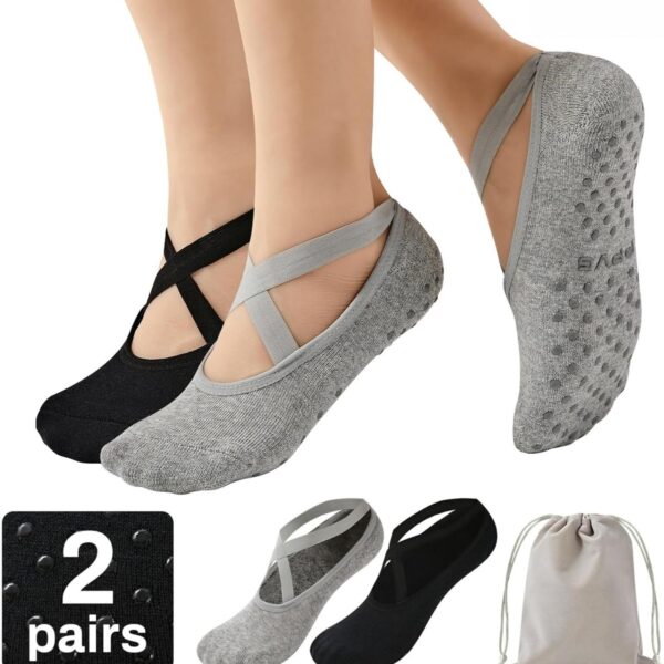 Pilates Socks with Grips and Straps for Women, Non Slip Grip Yoga Socks, Anti-skidding Yoga Slipper, also Ideal for Dance, Barre, Ballet, Barefoot Exercises, Home