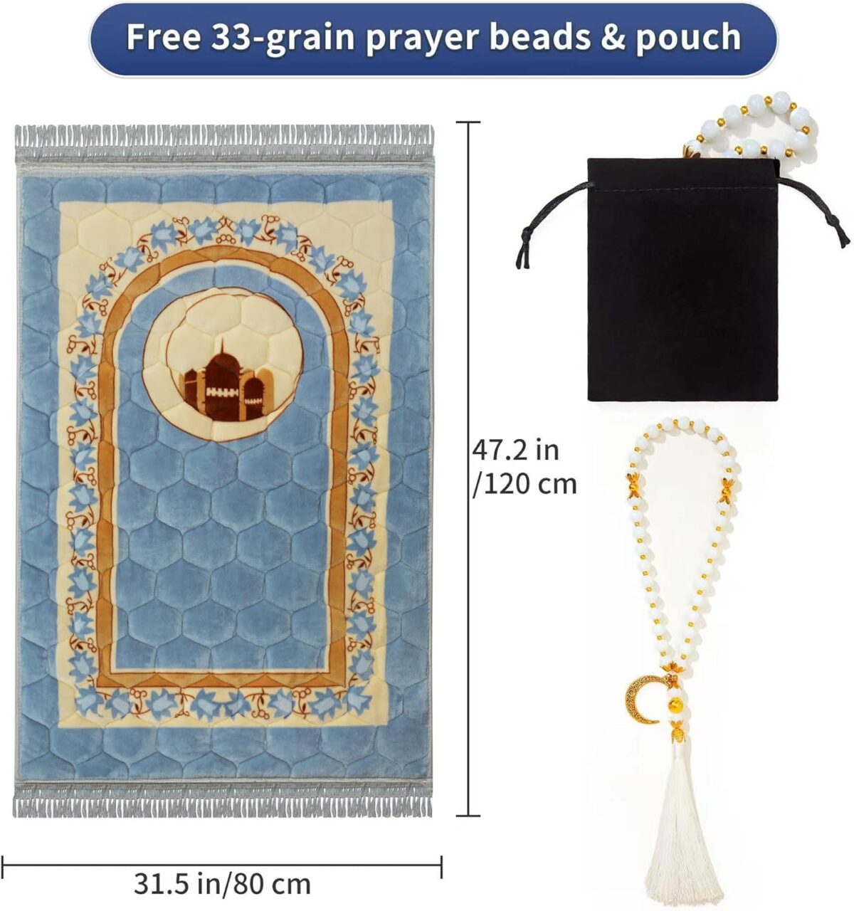 Prayer Rug Muslim Prayer Mat Islamic - Very Thick Prayer Rug Sajadah for Men Women with Islam Prayer Beads Soft and Luxury (Blue Grey) - Image 3