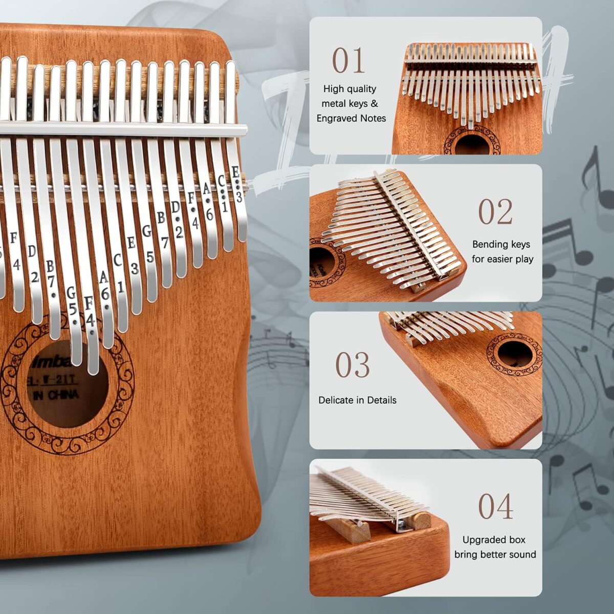 Kalimba Thumb Piano,YUNDIE Portable 21 Keys Mbira Finger Piano with Tune Hammer and Study Instruction,Musical Instruments Gift for Kid Adult Beginners Professional(Brown) - Image 2