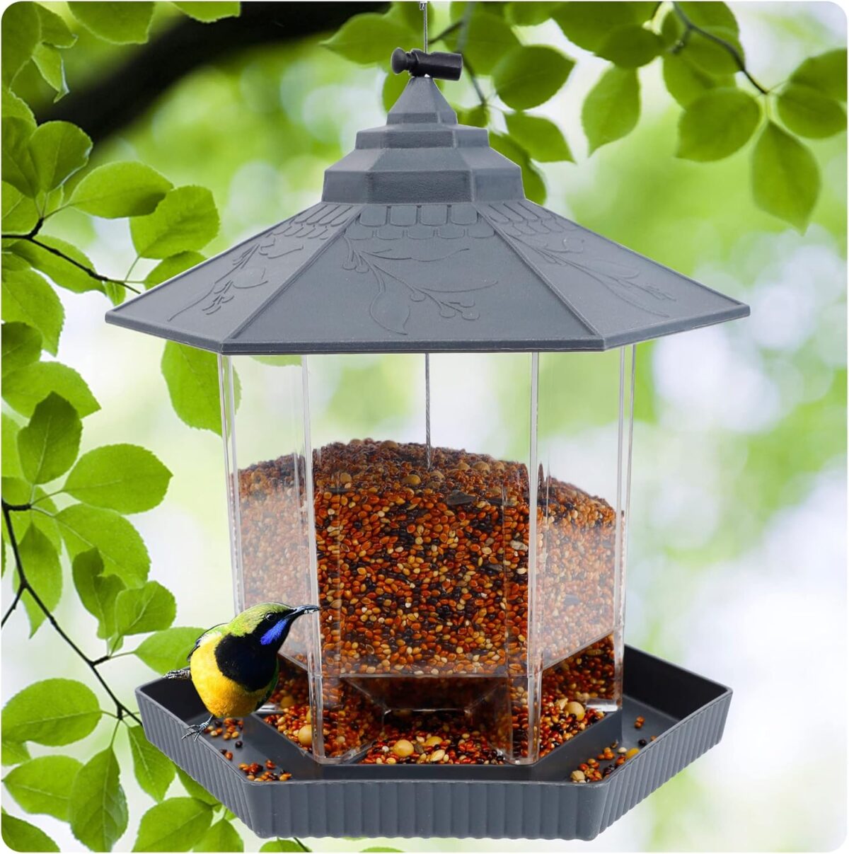 Twinkle Star Wild Bird Feeder Hanging for Garden Yard Outside Decoration, Hexagon Shaped Outside Hanging Bird Feeders for Outdoors Squirrel Proof, Cardinal Bird Feeder (Light Grey) - Image 2
