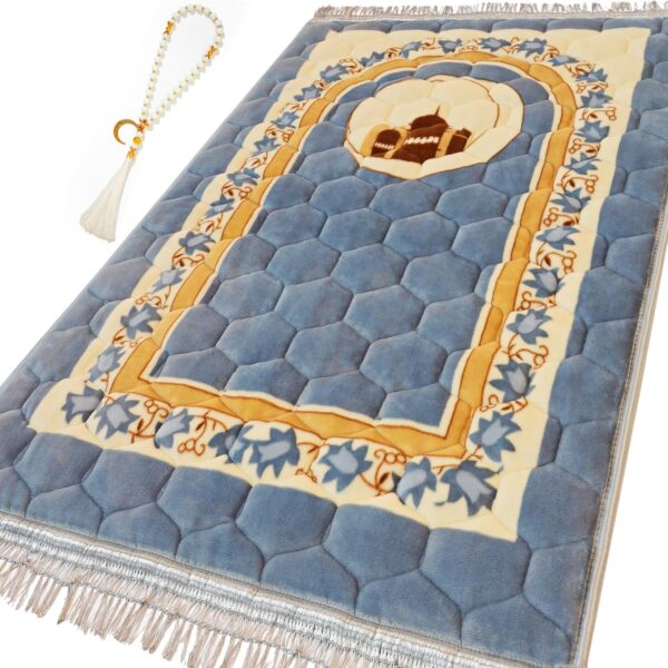 Prayer Rug Muslim Prayer Mat Islamic - Very Thick Prayer Rug Sajadah for Men Women with Islam Prayer Beads Soft and Luxury (Blue Grey)