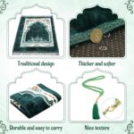 2Pcs Muslim Prayer Rug with 2Pcs Prayer Beads Thick Soft Velvet Prayer Matt Islam Arabic Turkish Design Daily Salah Mat Sajadah Meditation Ramadan Eid Gift for Women Men(Green) - Image 3