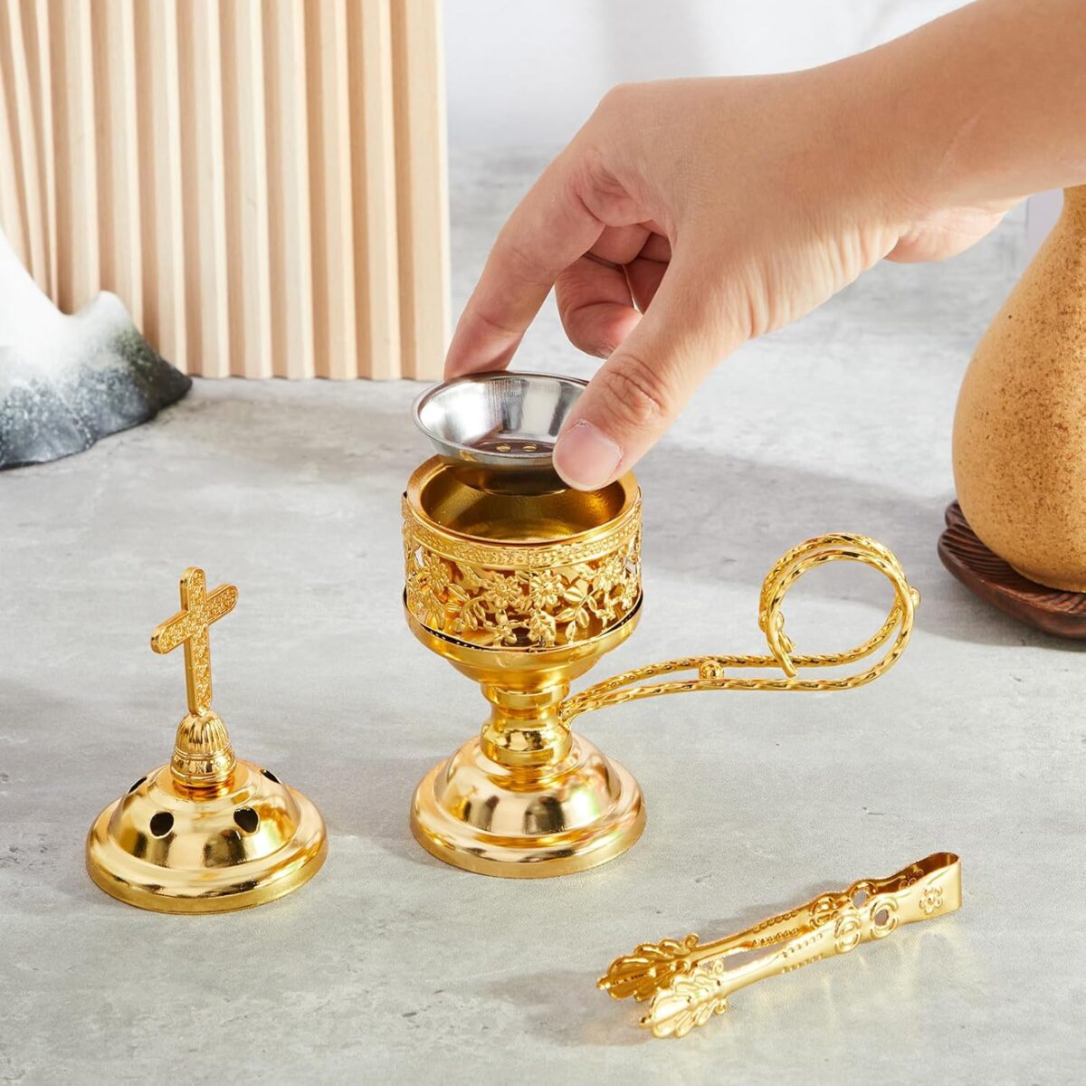 Zonon 2 Sets Incense Burner with Tong, Gold Frankincense Charcoal Incense Stand Holder, Ideal for Yoga, Spa, Aromatherapy, Home and Christian Church Censer - Image 5