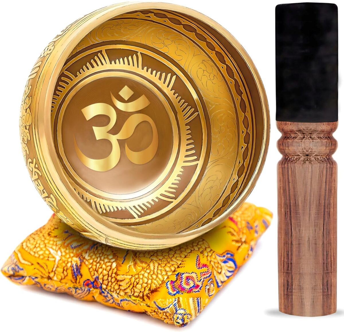 Tibetan Singing Bowl Set Bronze - Master Healing Grade - Pure Tone With Tibetan Thangka Art By Himalayan Bazaar (Gold & Yellow) - Image 1