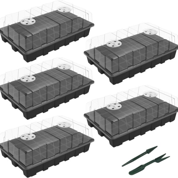 Gardzen 5-Set Seed Starter Tray Kits, Durable Plant Germination Trays with Humidity Vented Domes and Bases, Ideal for Seed Starting, Indoor Gardening, and Greenhouse (Total 200 Cells)